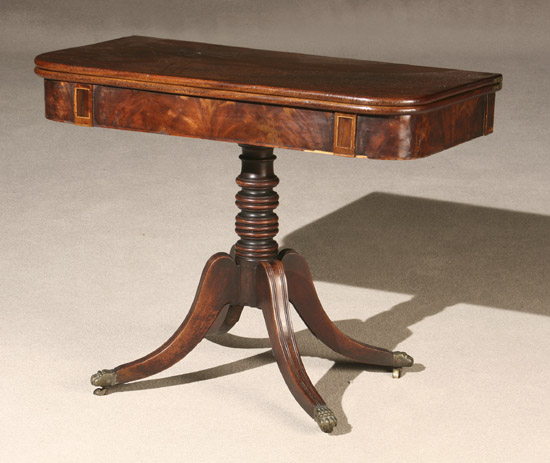 Appraisal: Regency Satinwood Inlaid Mahogany Pivoting Fold-Top Pedestal Tea Table Early