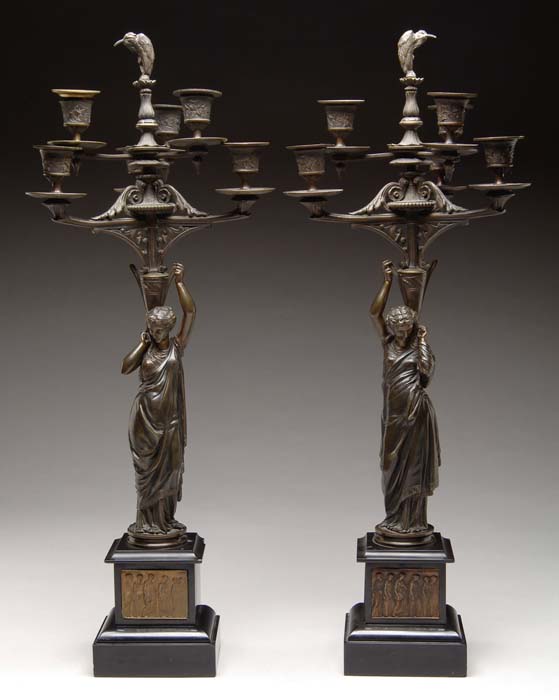 Appraisal: PAIR OF FINE BRONZE CANDELABRA GARNITURES Bronze figures of women