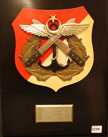 Appraisal: Metal on wood presentation plaque measuring x featuring Turkish military