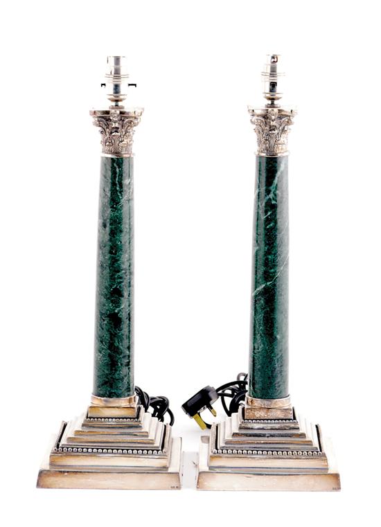 Appraisal: Pair marble and silverplate lamps green mottled marble column with