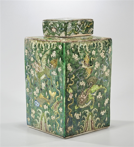 Appraisal: Chinese four-faceted famille verte porcelain covered container with qilin motif