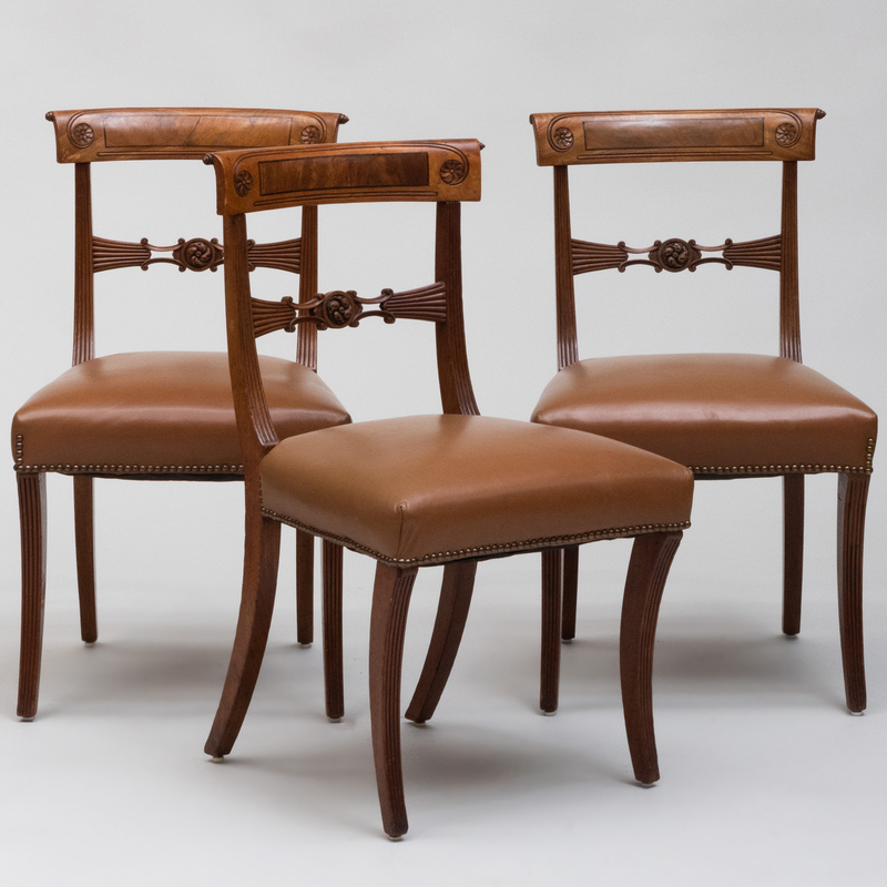 Appraisal: THREE REGENCY INLAID MAHOGANY SIDE CHAIRS x x in height