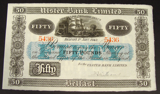 Appraisal: Ulster Bank Ltd fifty pound note dated and numbered UNC