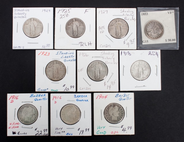 Appraisal: Ten U S silver quarter dollars comprising Seated Liberty type