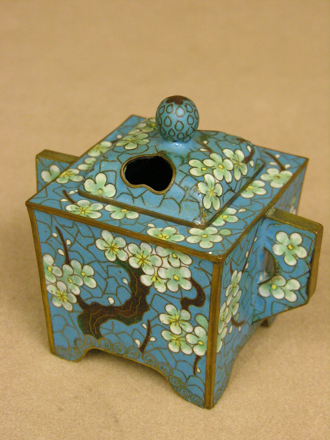 Appraisal: SIGNED CLOISONNE CENSER Beautiful lidded Censer with handles turquoise ground