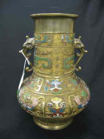 Appraisal: Japanese Champleve Bronze Vase serpent handles creature designs ''