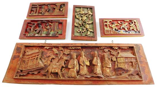 Appraisal: Five plaques th th C Chinese carved lacquered and gilt