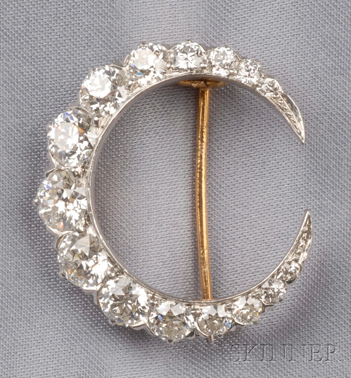 Appraisal: Edwardian Diamond Crescent Brooch Tiffany Co set with old European-cut