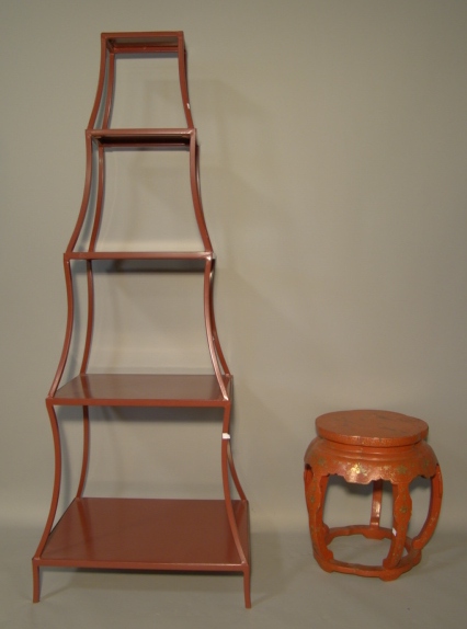 Appraisal: CHINESE RED GARDEN STOOL WITH RED PAINTED GRADUATED STANDING SHELF