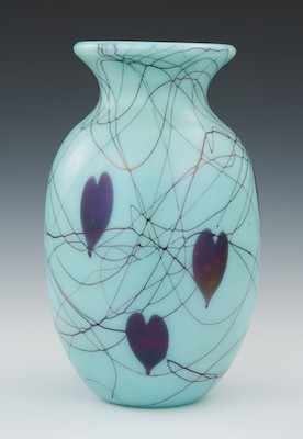 Appraisal: A Fenton Turquoise Hanging Hearts Vase Designed by Robert Barber