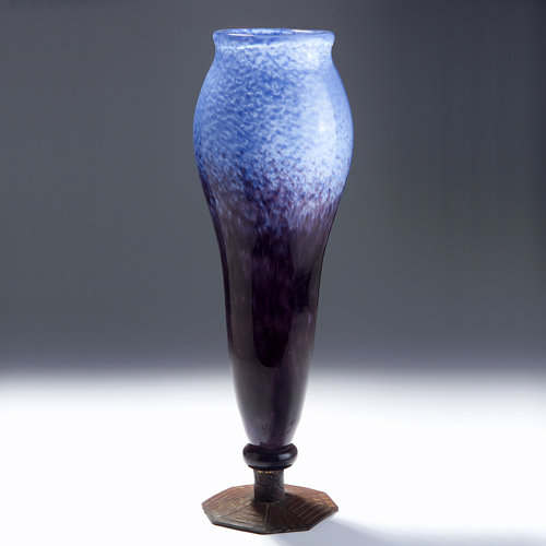 Appraisal: DEGUE Art Deco glass tall vase in mottled blue with