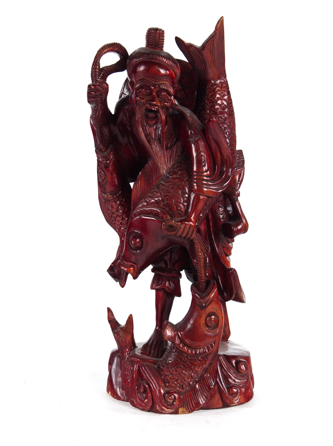 Appraisal: Chinese carved wood fisherman modeled as man holding three large