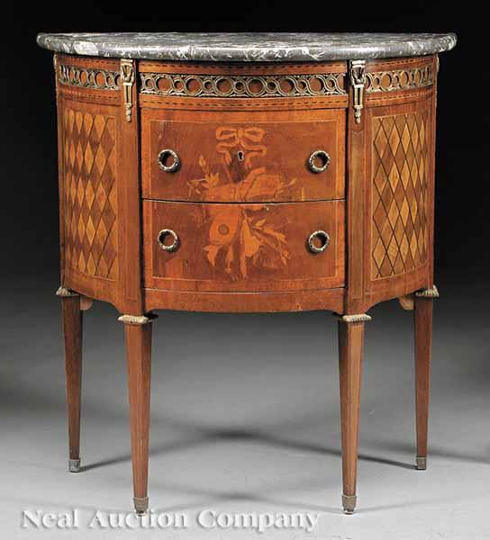 Appraisal: A Louis XVI-Style Marquetry Demilune Commode th c the dished