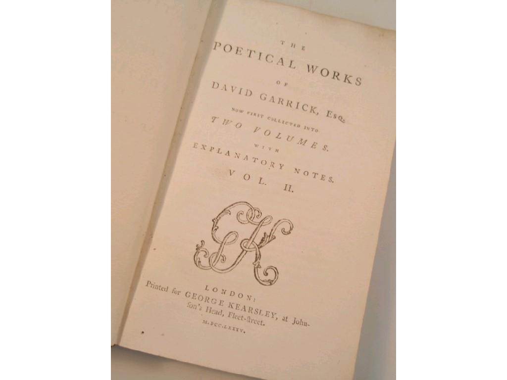 Appraisal: Garrick David The Poetical Works vol of George Kearsley London