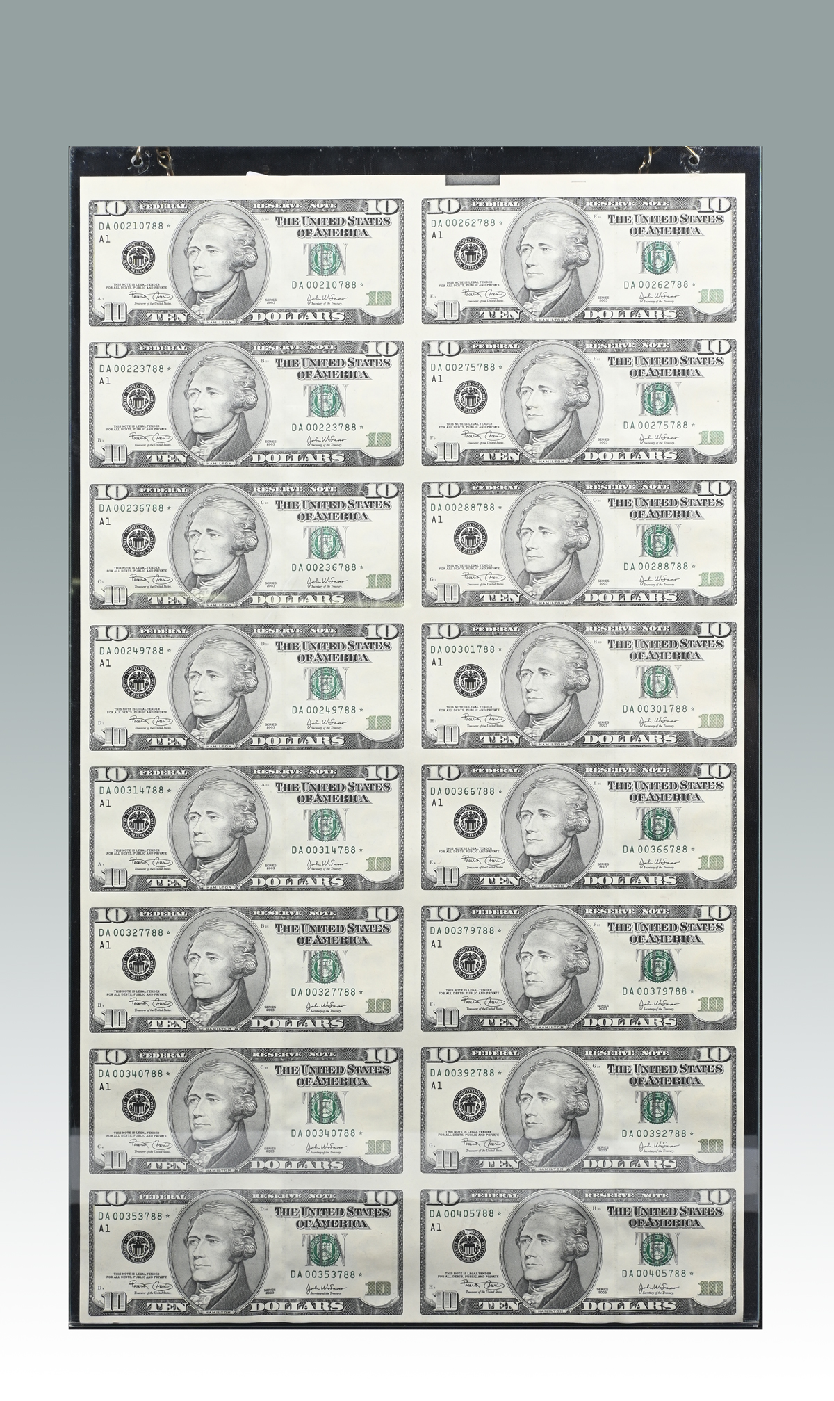 Appraisal: UNITED STATES UNCUT DOLLAR SHEET A sheet of Sixteen uncut