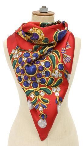 Appraisal: Chanel silk scarf red ground with pattern of emerald sapphire