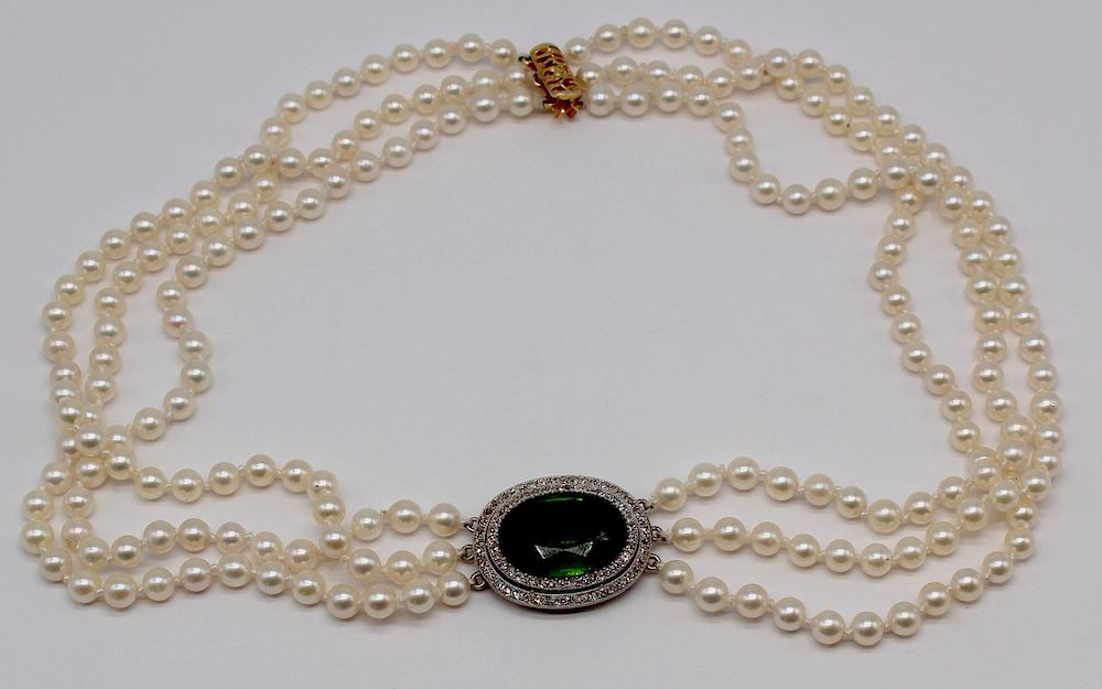 Appraisal: JEWELRY Tourmaline Diamond and Pearl Necklace Triple strand pearl necklace