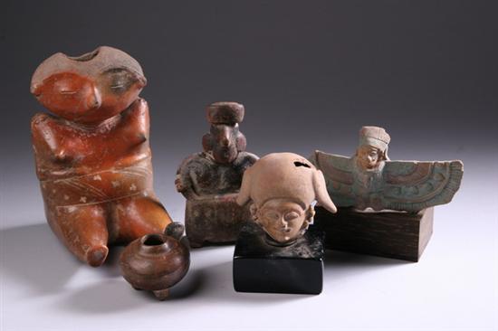 Appraisal: FIVE PIECES PRE-COLUMBIAN POTTERY Two figures one head one jarlet