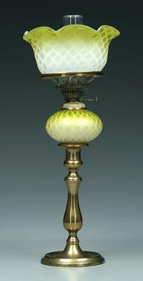 Appraisal: Satin glass peg lamp mother-of-pearl diamond quilted chartreuse to opal