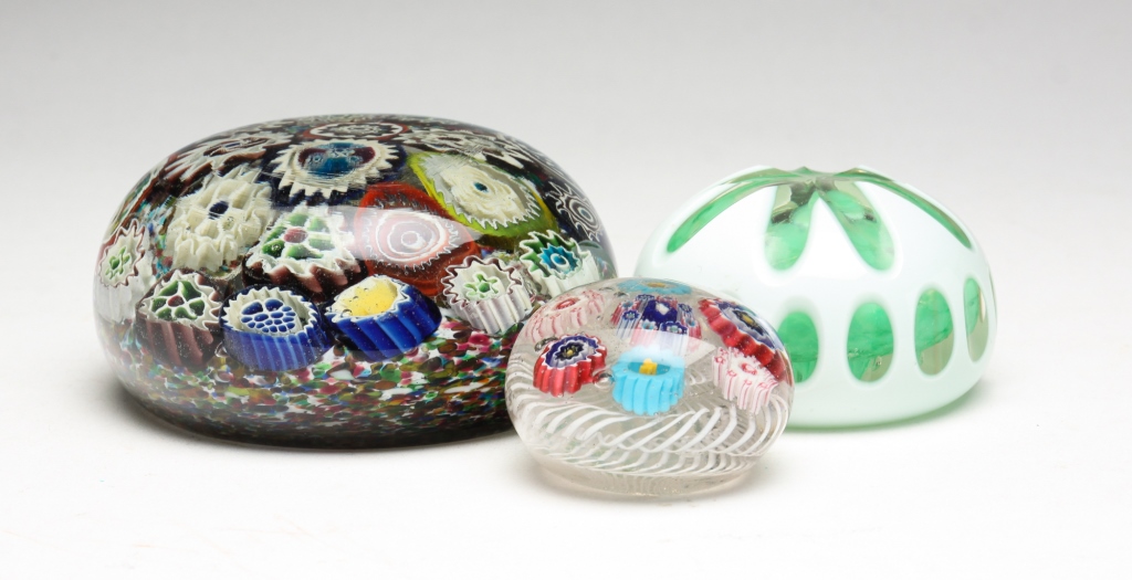 Appraisal: THREE ART GLASS PAPERWEIGHTS American and European late th century