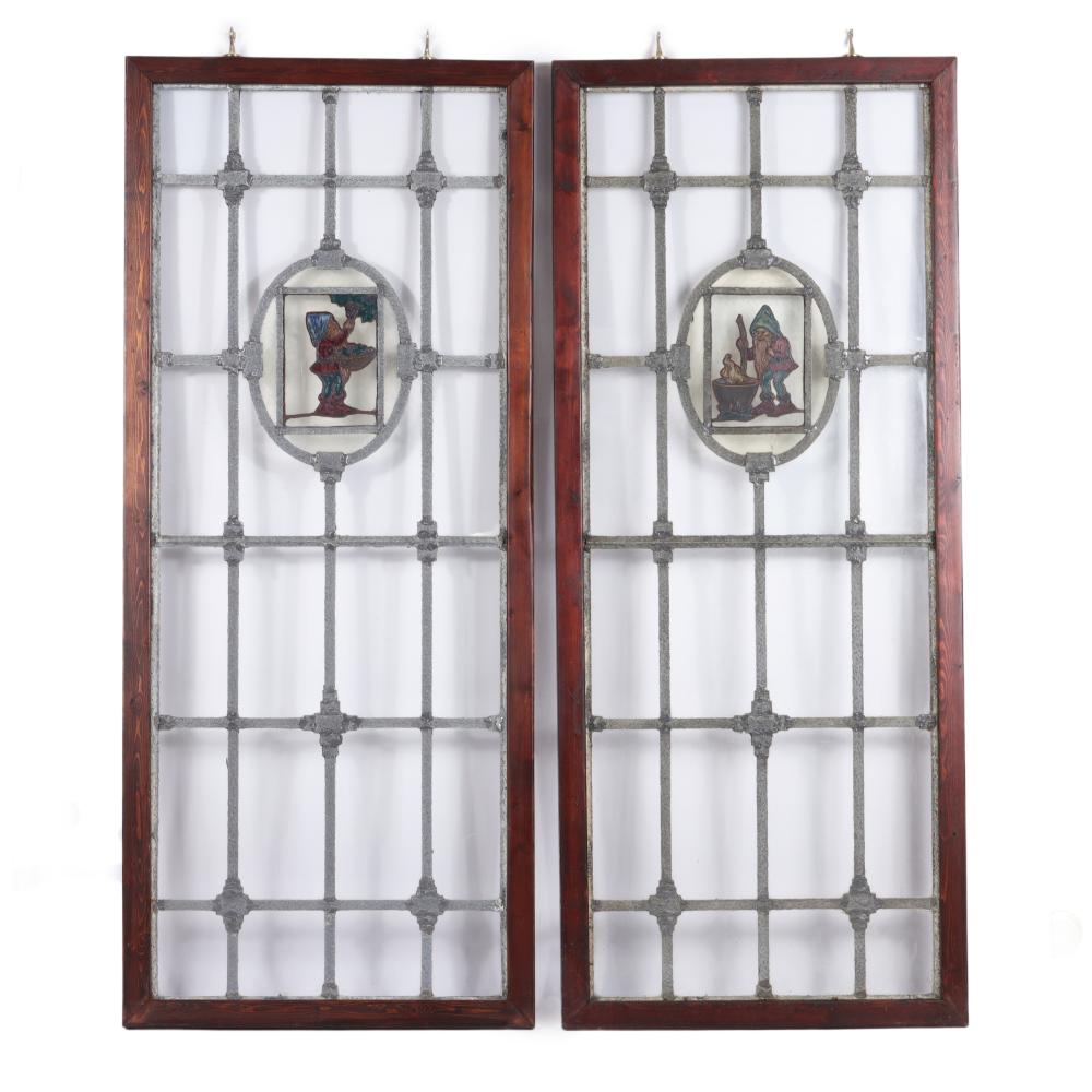 Appraisal: PAIR LEADED GLASS PUB WINDOWS WITH REVERSE PAINTED GNOME FIGURES