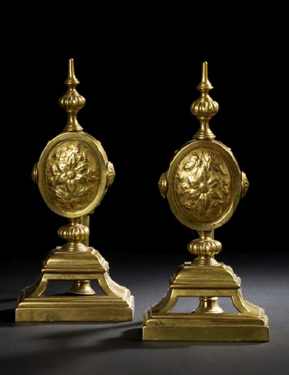 Appraisal: Attractive Pair of Edwardian Gilt-Brass Andirons first quarter th century