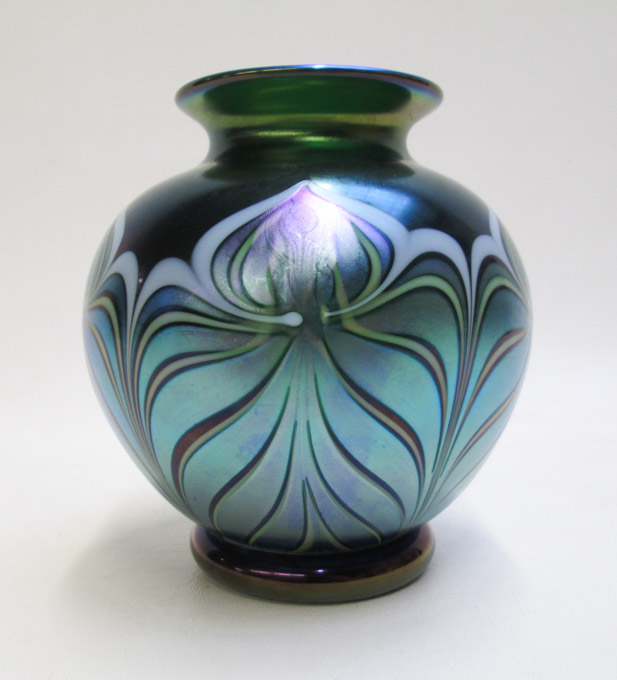 Appraisal: ORIENT AND FLUME IRIDESCENT ART GLASS VASE having peacock feather