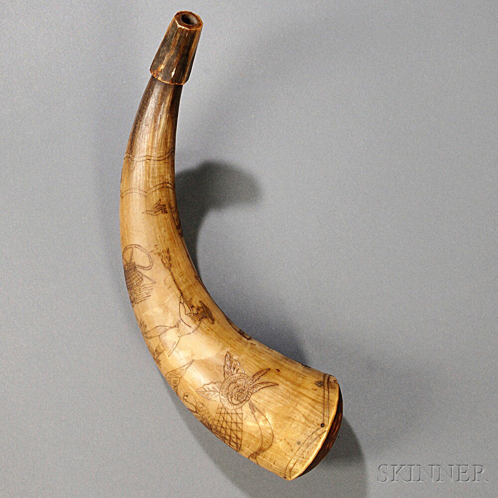 Appraisal: Engraved Powder Horn America c late th century gray green