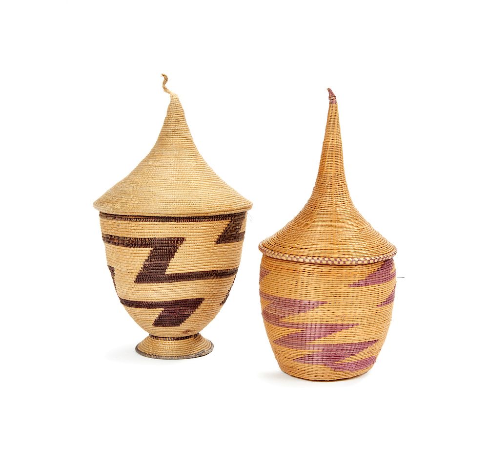 Appraisal: Two Tutsi Rwanda Baskets with Lids Two Tutsi Rwanda baskets