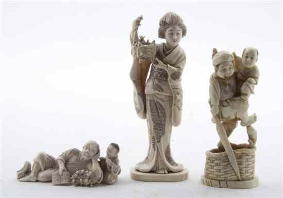 Appraisal: A Group of Three Japanese Ivory Figures one depicting a