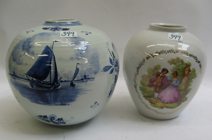 Appraisal: TWO BALUSTER-FORM PORCELAIN VASES one a Delft blue and white