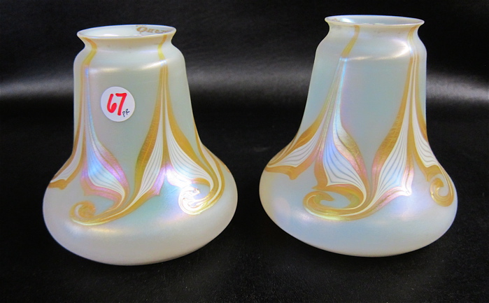 Appraisal: PAIR QUEZAL ART GLASS LAMP SHADES opalescent with gold iridescent