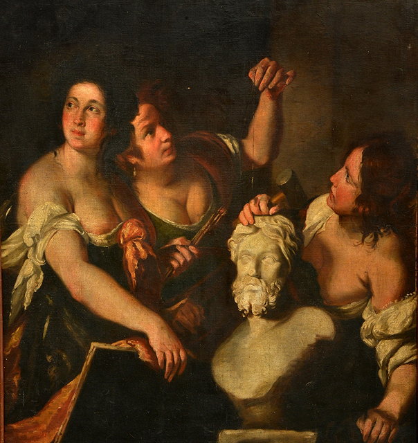 Appraisal: FOLLOWER OF BERNARDO STROZZIAllegory of Painting Sculpture and Architecture oils