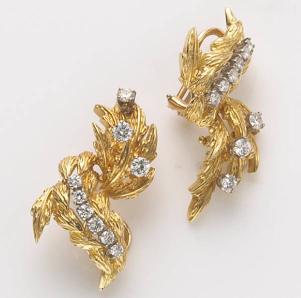 Appraisal: A pair diamond and k gold leaf motif articulated earrings