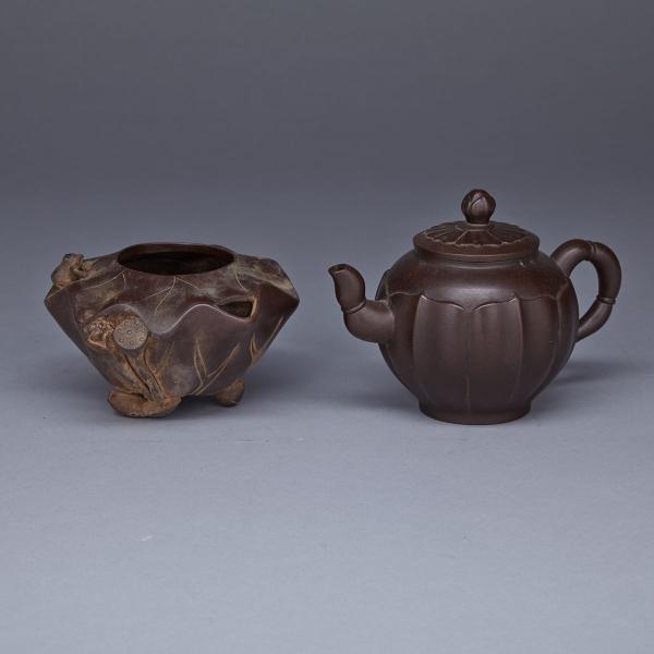 Appraisal: Two Yixing Wares Including a lotus-form teapot and brush washer