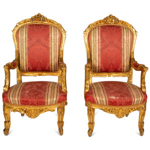 Appraisal: A Pair of Louis XVI Style Giltwood Fauteuils Early th