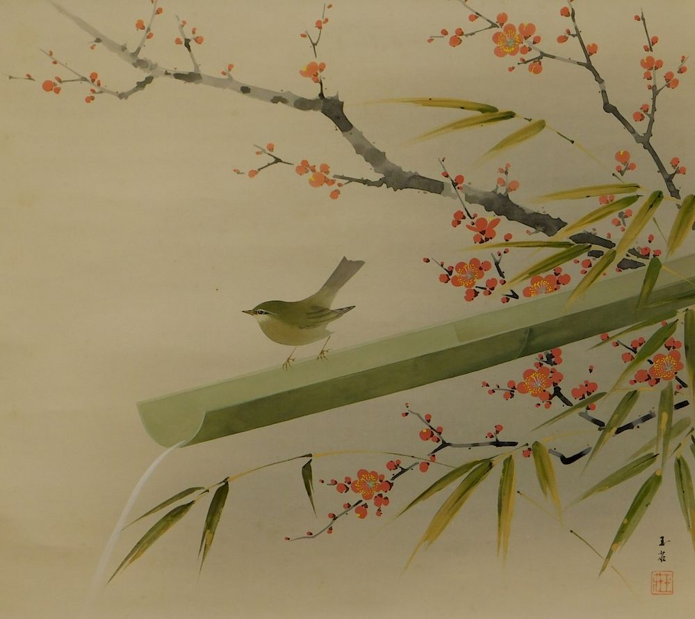 Appraisal: Japanese Bird and Flower Hanging Wall Scroll Japan Cherry blossom