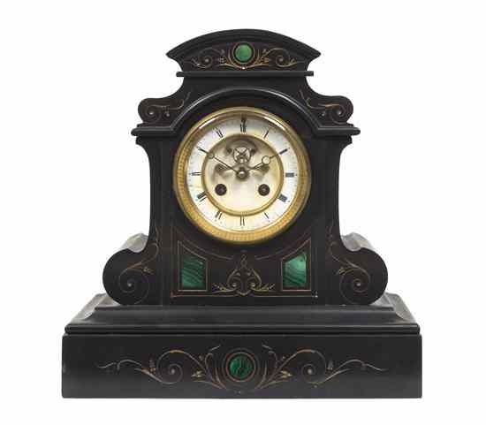 Appraisal: A Victorian Malachite Inlaid Slate Mantel Clock having a stepped