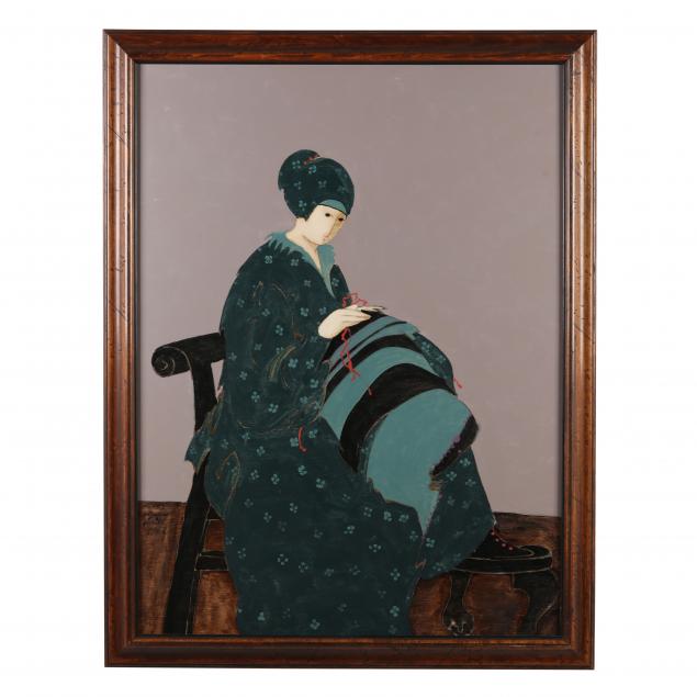 Appraisal: STEPHEN WHITE NC WOMAN KNITTING Oil on panel signed and