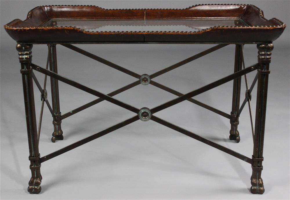 Appraisal: DIRECTOIRE STYLE COFFEE TABLE WITH GLASS INSET TOP AND NAILHEAD