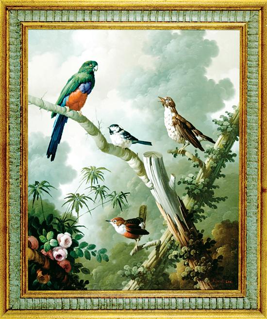 Appraisal: Kuang Lee Chinese b TROPICAL BIRDS oil on canvas framed