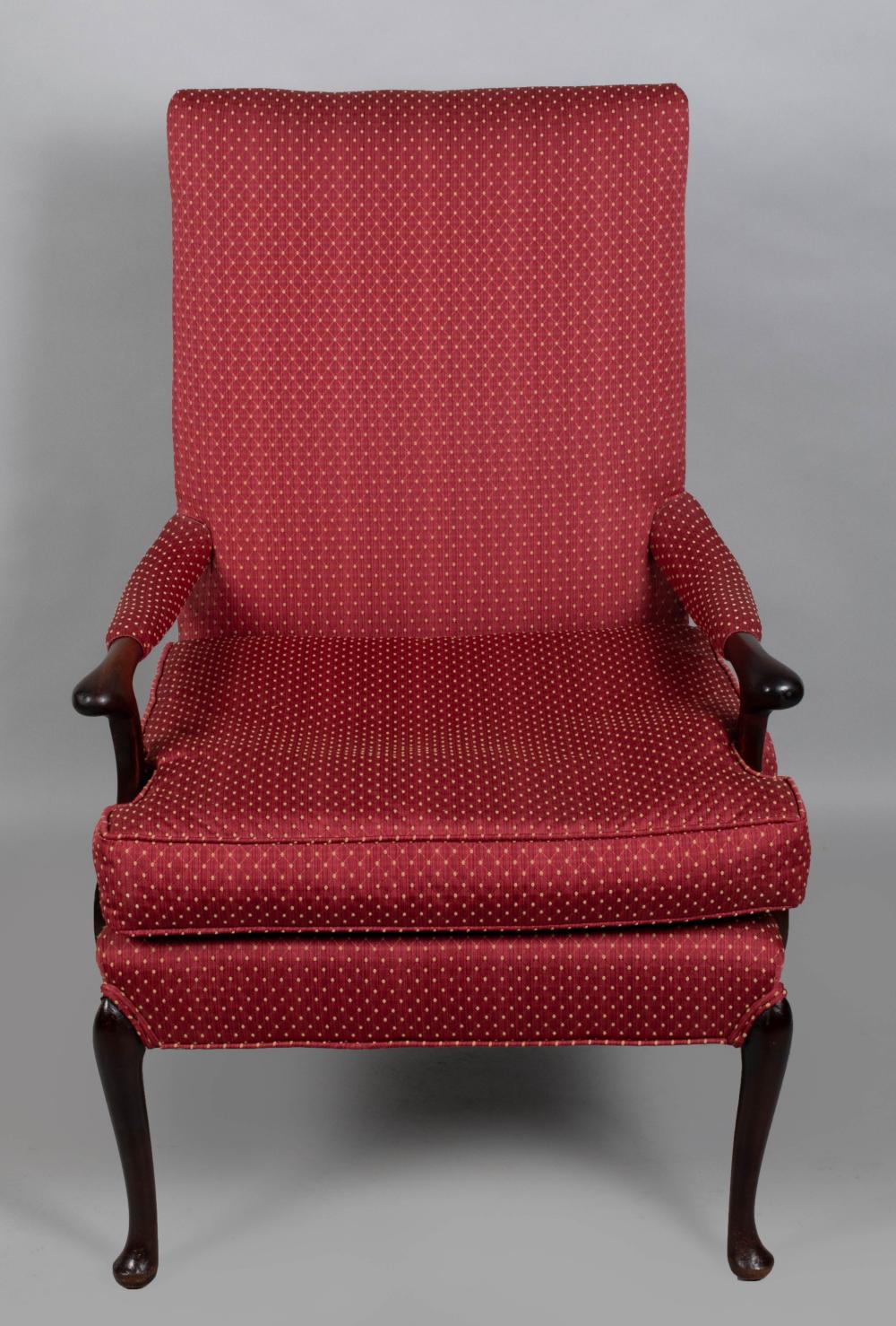 Appraisal: QUEEN ANNE STYLE MAHOGANY ARMCHAIR the rectangular padded back scrolling