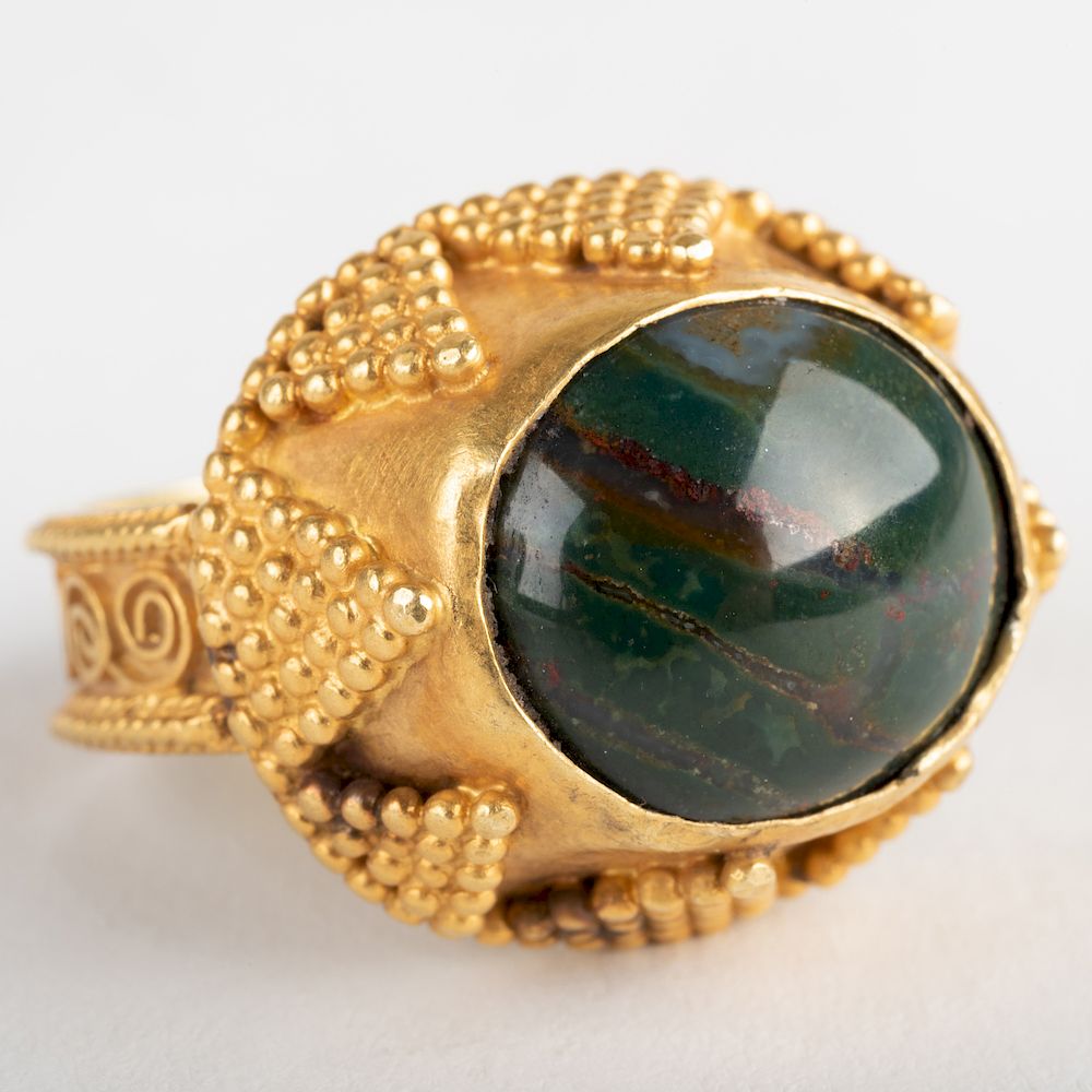 Appraisal: k Granulated Gold and Blood Stone Ring k Granulated Gold