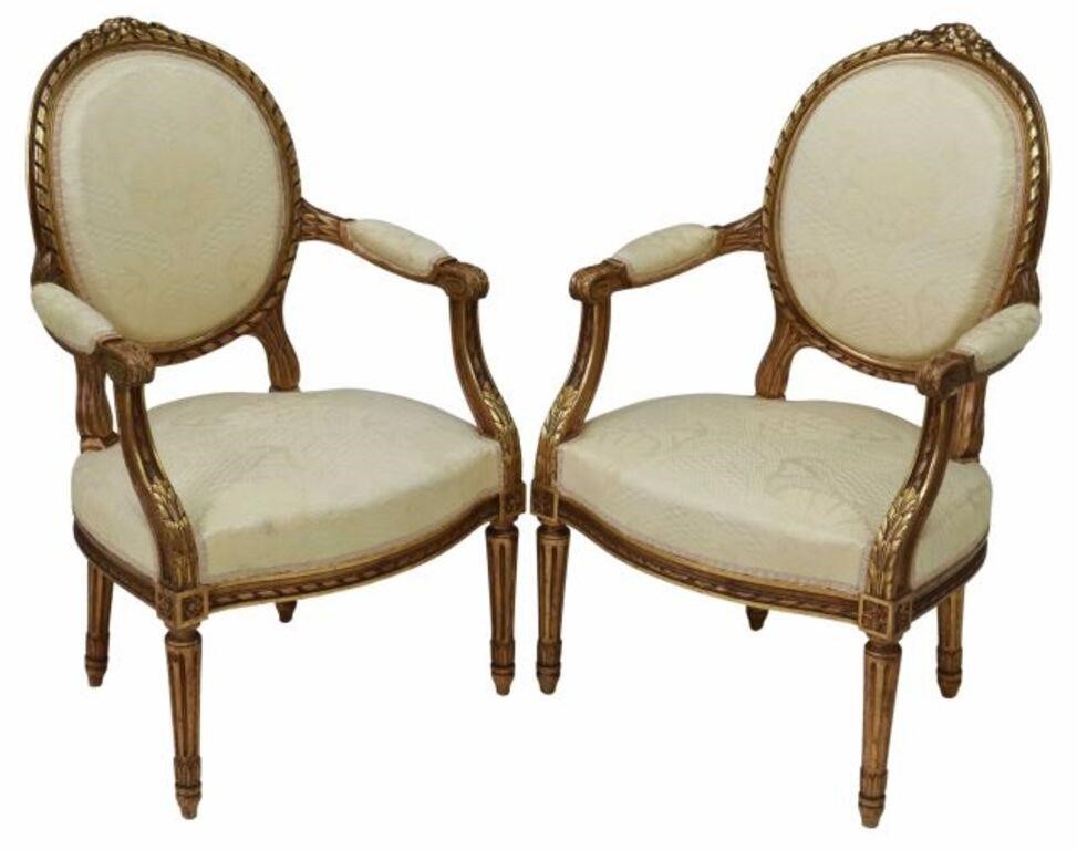 Appraisal: pair French Louis XVI style giltwood armchairs early th c