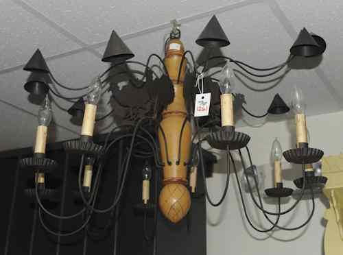 Appraisal: LT Moses Willard contemporary wood and tin chandelier with smoke