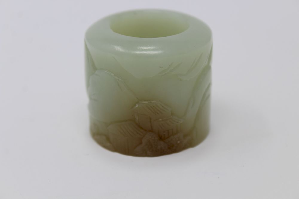 Appraisal: Carved Chinese Jade Landscape Archer's Ring Carved Chinese Jade Landscape