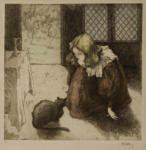 Appraisal: ALFREDO M LLER Jenne fille avec un chat Color etching