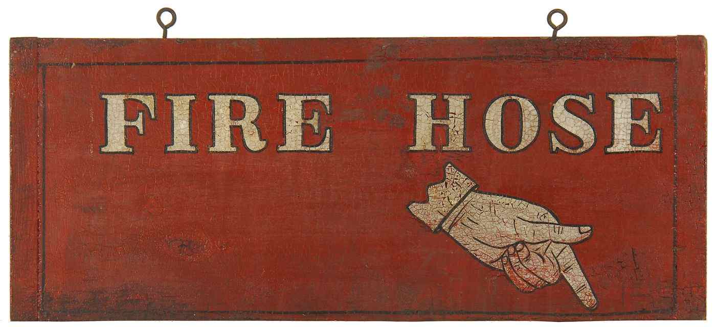 Appraisal: DOUBLE-SIDED FIRE HOSE'' SIGN th CenturyIn red paint with black-outlined