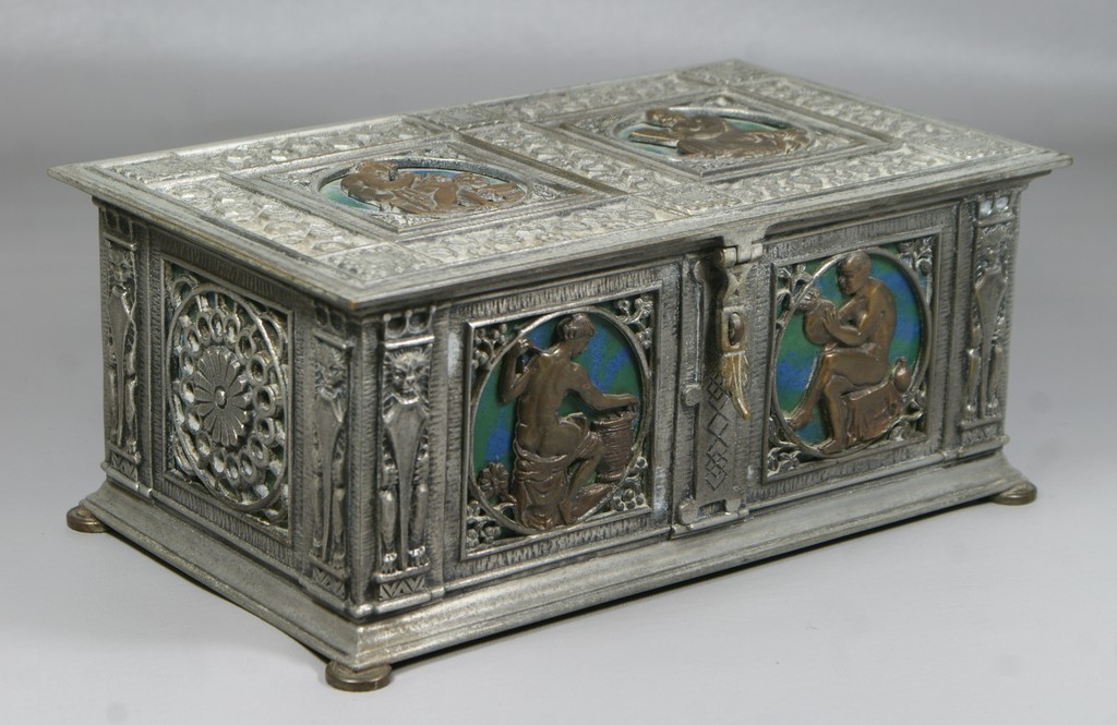 Appraisal: Patinated and silvered bronze dresser box by Oscar Bach Box