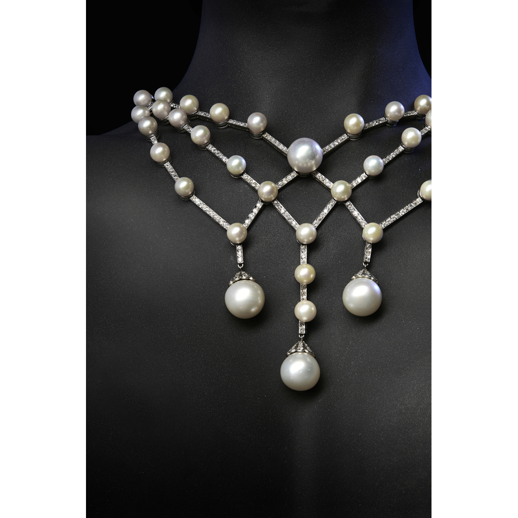 Appraisal: A South Sea pearl and diamond set necklacecomposed of three